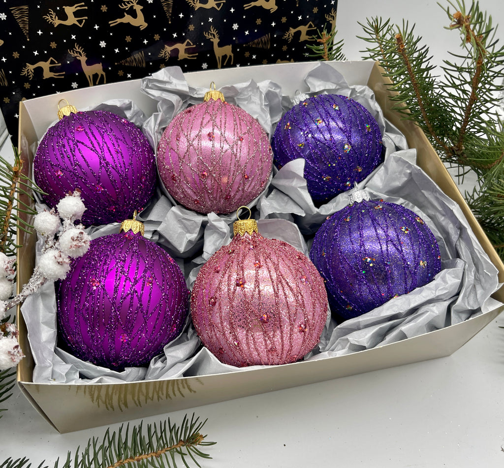 Set of pink,blue and purple Christmas glass balls, hand painted ornaments with gifted box, Handcrafted Xmas decorations ChristmasboxStore