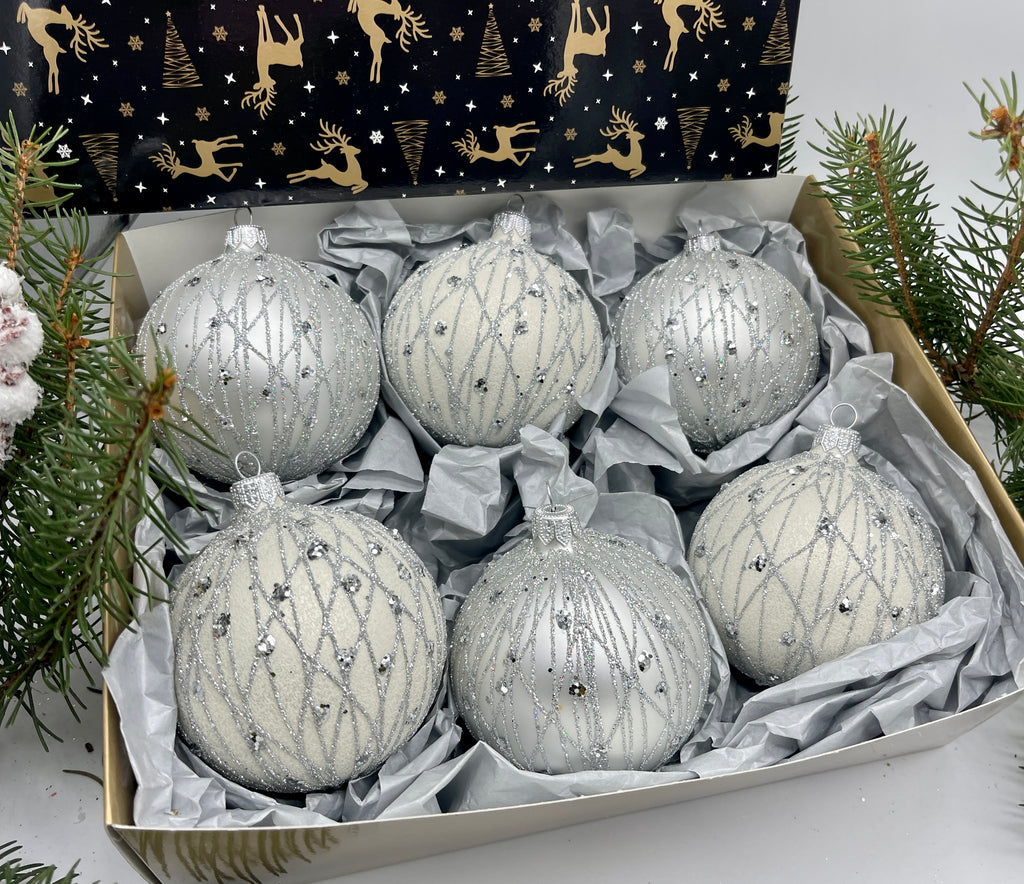 Set of 6 white with silver Christmas glass balls, hand painted ornaments with gifted box, Handcrafted Xmas decorations ChristmasboxStore