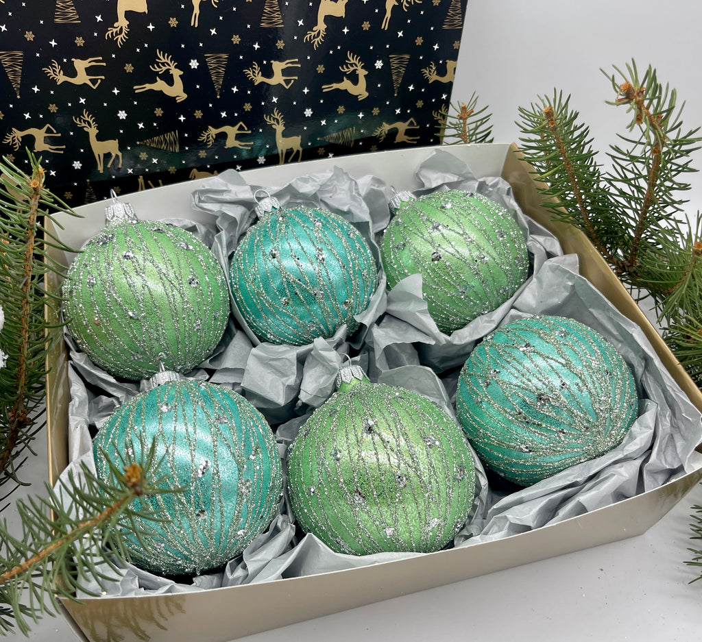 Set of green and blue Christmas glass balls, hand painted ornaments with gifted box, Handcrafted Xmas decorations ChristmasboxStore