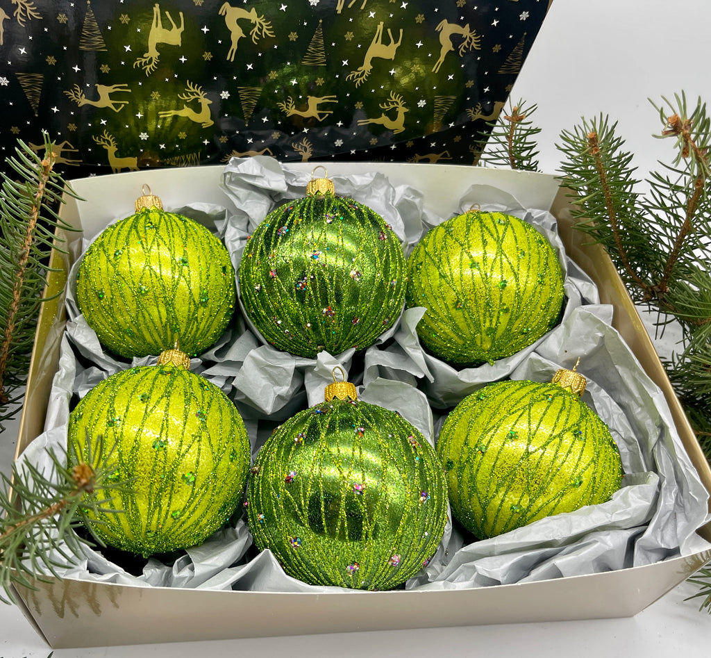 Set of 6 green with glitter Christmas glass balls, hand painted ornaments with gifted box, Handcrafted Xmas decorations ChristmasboxStore