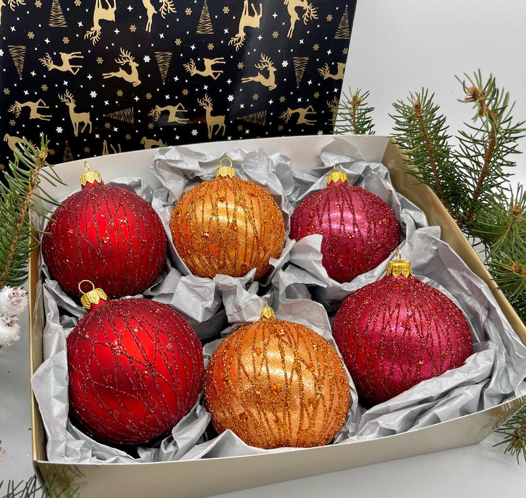 Set of red and orange Christmas glass balls, hand painted ornaments with gifted box, Handcrafted Xmas decorations ChristmasboxStore