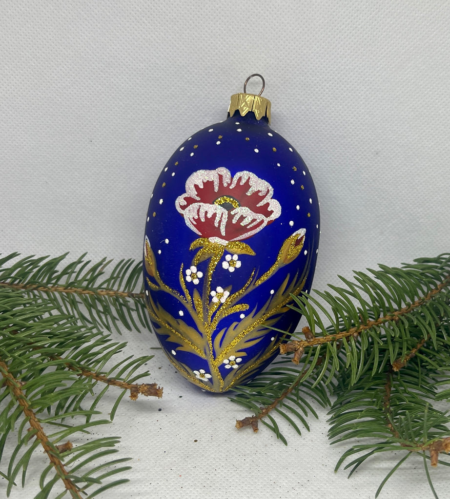 Christmas egg blue with flower glass Christmas handmade ornament, Luxury Christmas glass decoration, Christmas tree glass ornament ChristmasboxStore