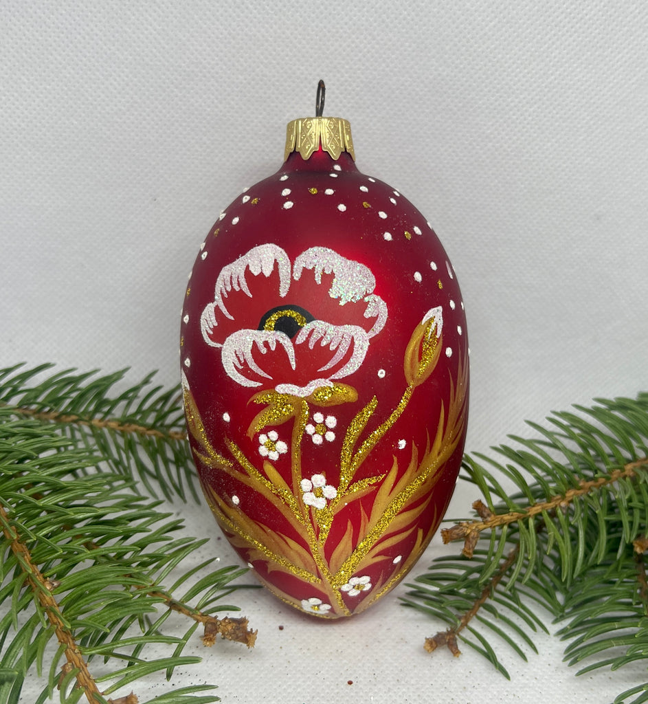 Christmas egg red with flower glass Christmas handmade ornament, Luxury Christmas glass decoration, Christmas tree glass ornament ChristmasboxStore