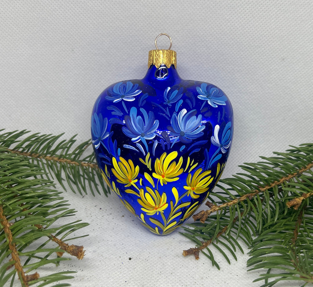 Christmas heart blue and yellow glass Christmas handmade ornament, Luxury Christmas glass decoration, Christmas tree glass ornament ChristmasboxStore