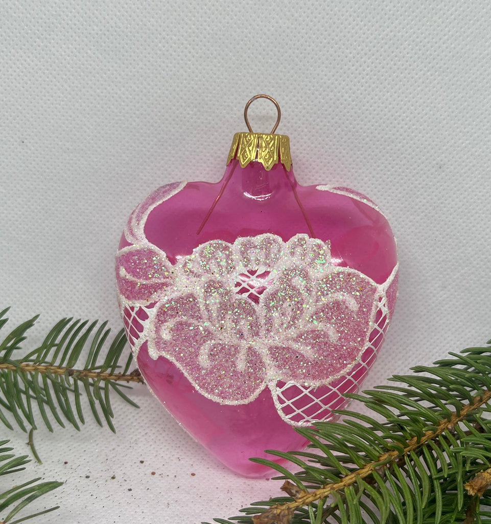 Pink heart with white glitter glass Christmas handmade ornament, Luxury Christmas glass decoration, Christmas tree glass ornament ChristmasboxStore