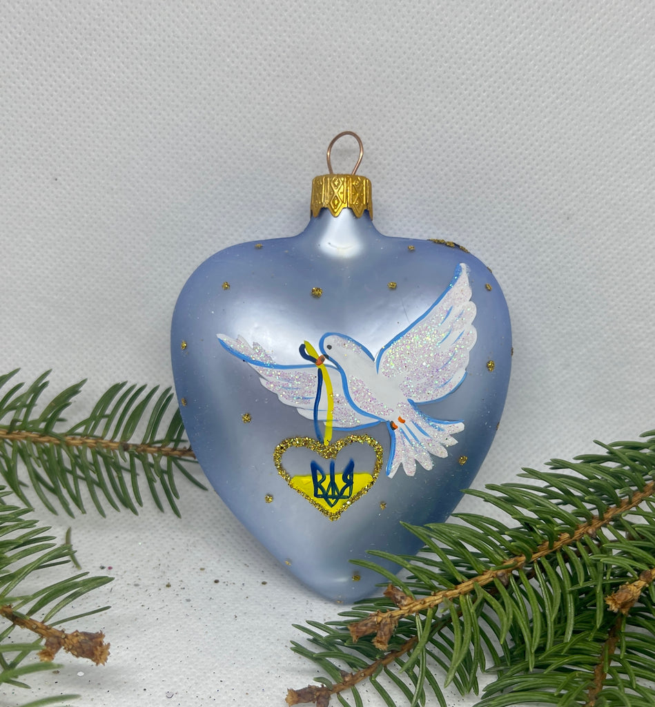 Christmas heart, dove with the coat of arms of Ukraine glass Christmas handmade ornament, Luxury Christmas glass decoration, Christmas tree glass ornament ChristmasboxStore