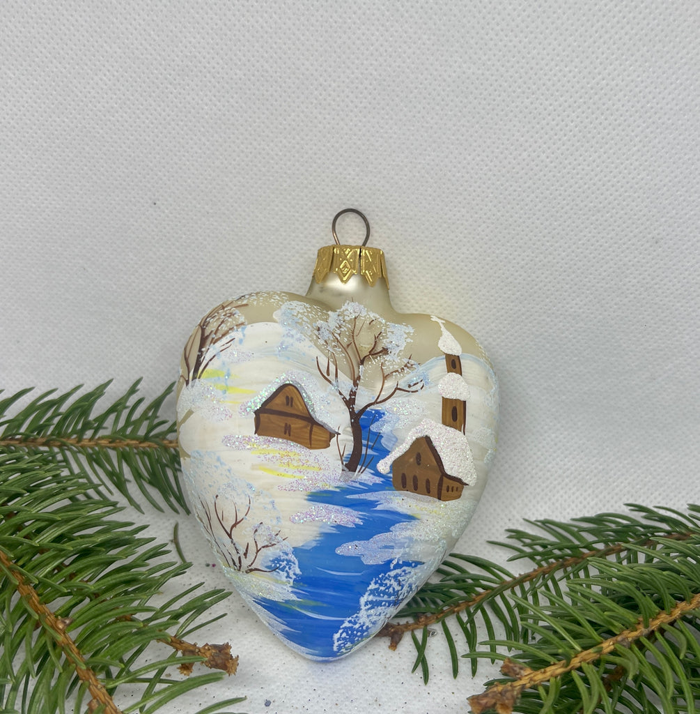 Christmas heart gold with winter landscape glass Christmas handmade ornament, Luxury Christmas glass decoration, Christmas tree glass ornament ChristmasboxStore