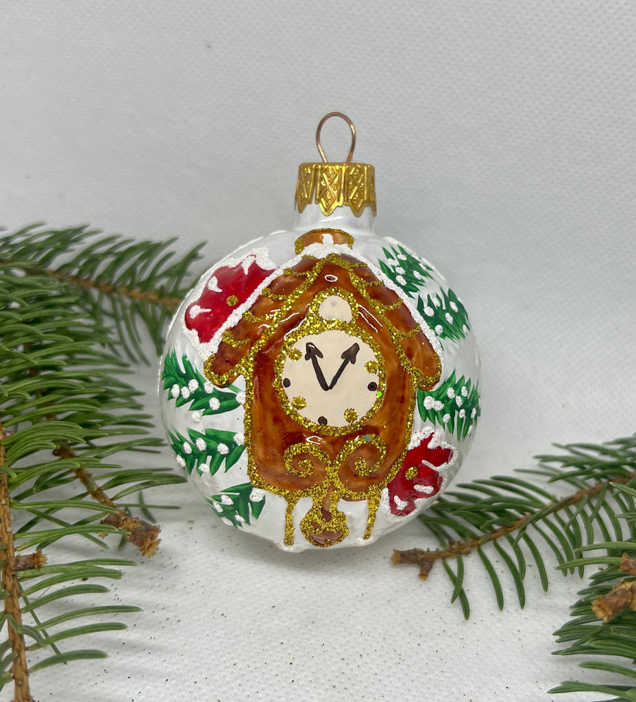 Cuckoo clock white and brown glitter glass ball Christmas ornament, handmade XMAS decoration ChristmasboxStore