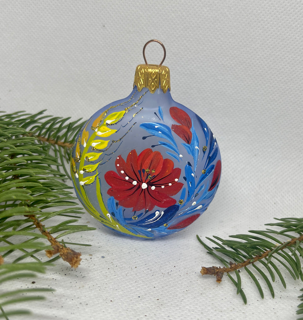 Medallion blue with yellow wheat and red flower glass Christmas handmade ornament, Luxury Christmas glass decoration, Christmas tree glass ornament ChristmasboxStore