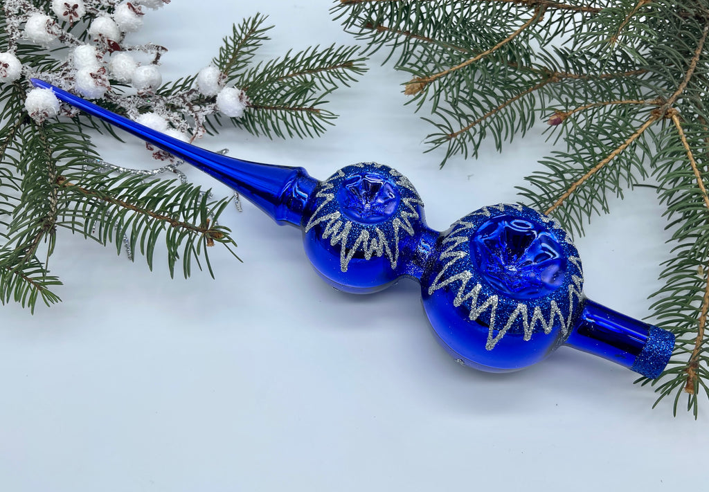 Blue Christmas glass tree topper with silver and blue glitter, Christmas finial ChristmasboxStore