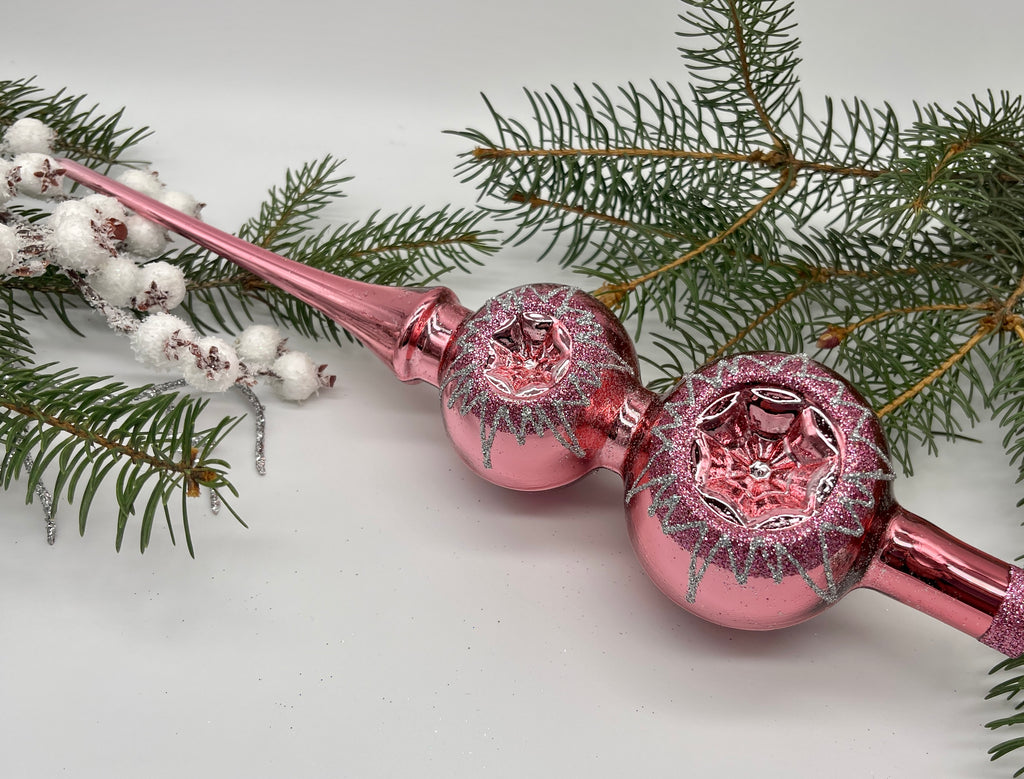 Pink Christmas glass tree topper with reflectors and silver glitter, Christmas finial ChristmasboxStore