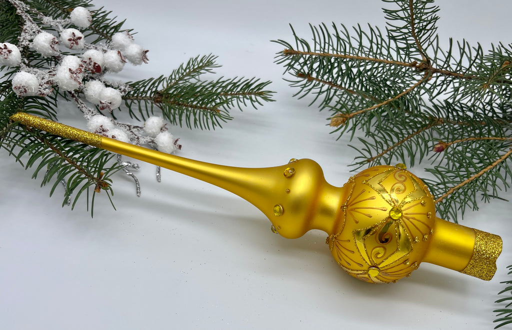 Gold Christmas glass tree topper with gold glitter, Christmas finial ChristmasboxStore