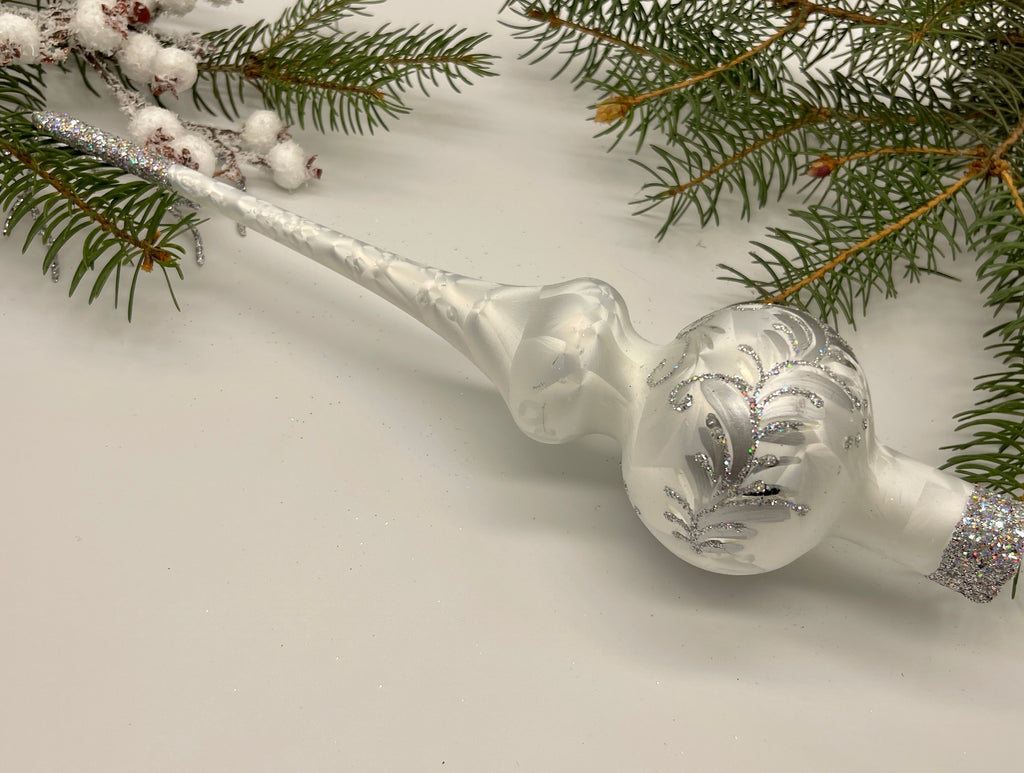 White Christmas glass tree topper with silver glitter, Christmas finial ChristmasboxStore