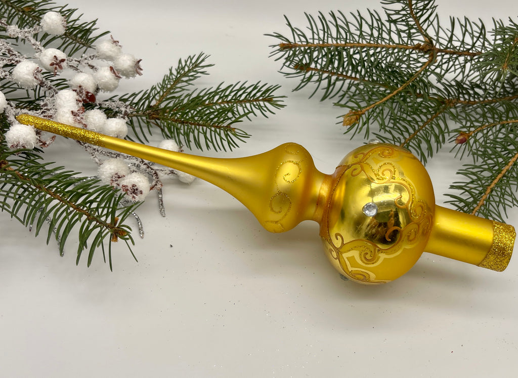 Gold Christmas glass tree topper with gold glitter, Christmas finial ChristmasboxStore