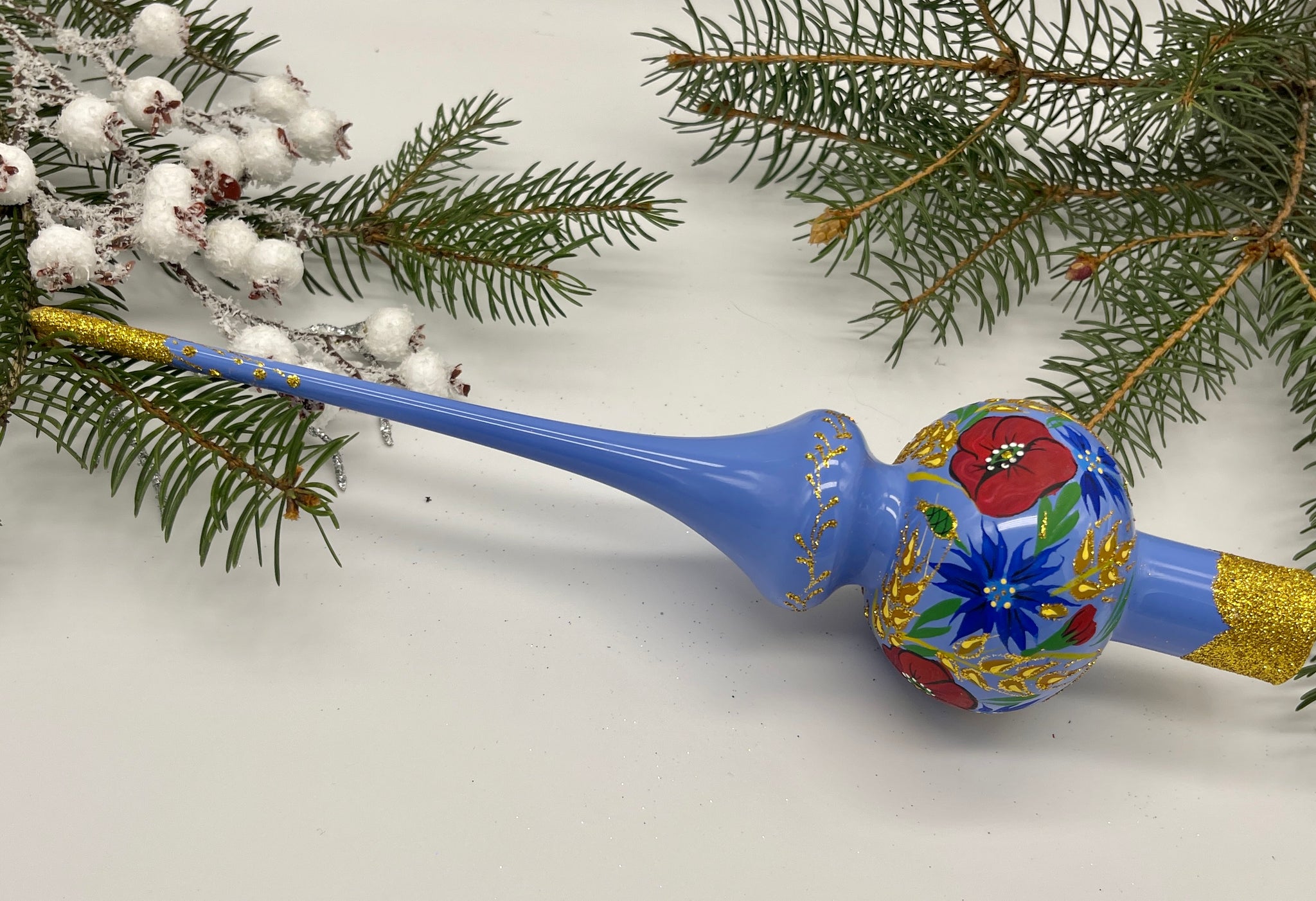 Blue Christmas glass tree topper with red poppies and gold glitter ...