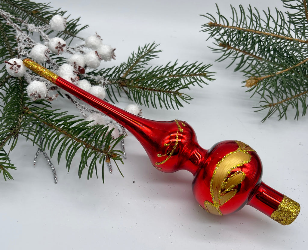 Red Christmas glass tree topper with gold glitter, Christmas finial ChristmasboxStore