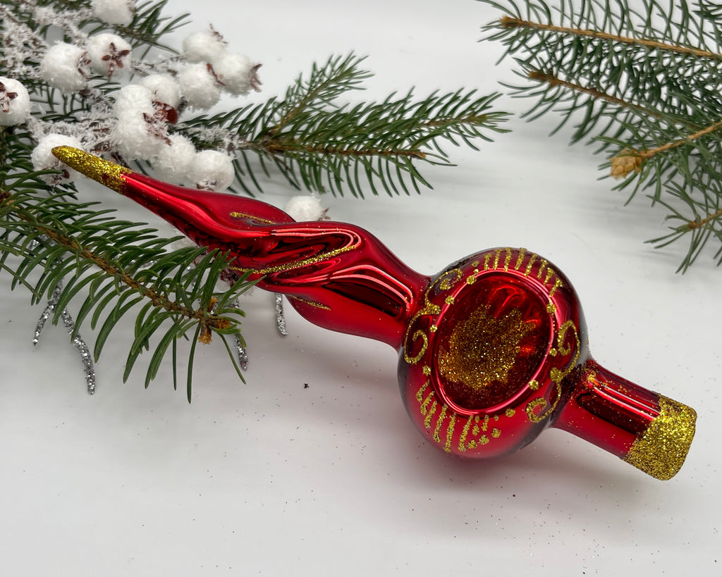 Small red Christmas glass tree topper with gold glitter, Christmas finial ChristmasboxStore