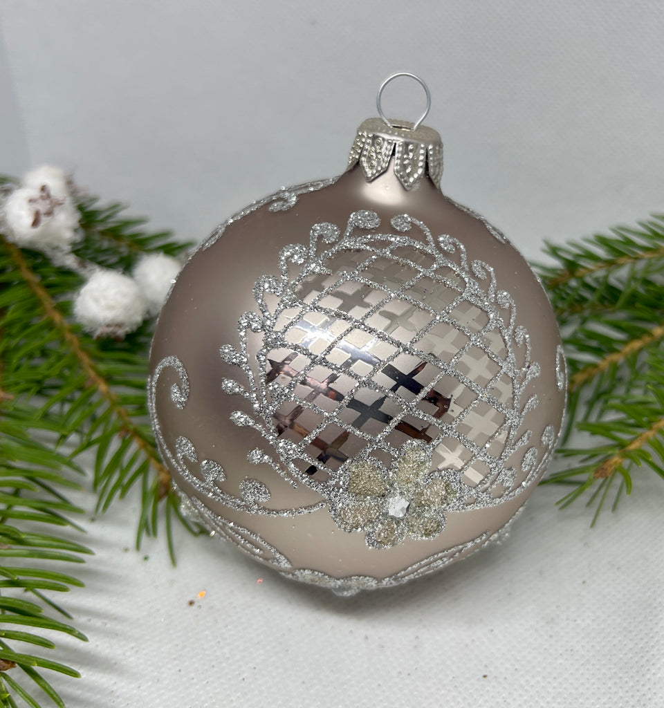 Gray with silver glitter glass ball Christmas ornament, handmade XMAS decoration ChristmasboxStore