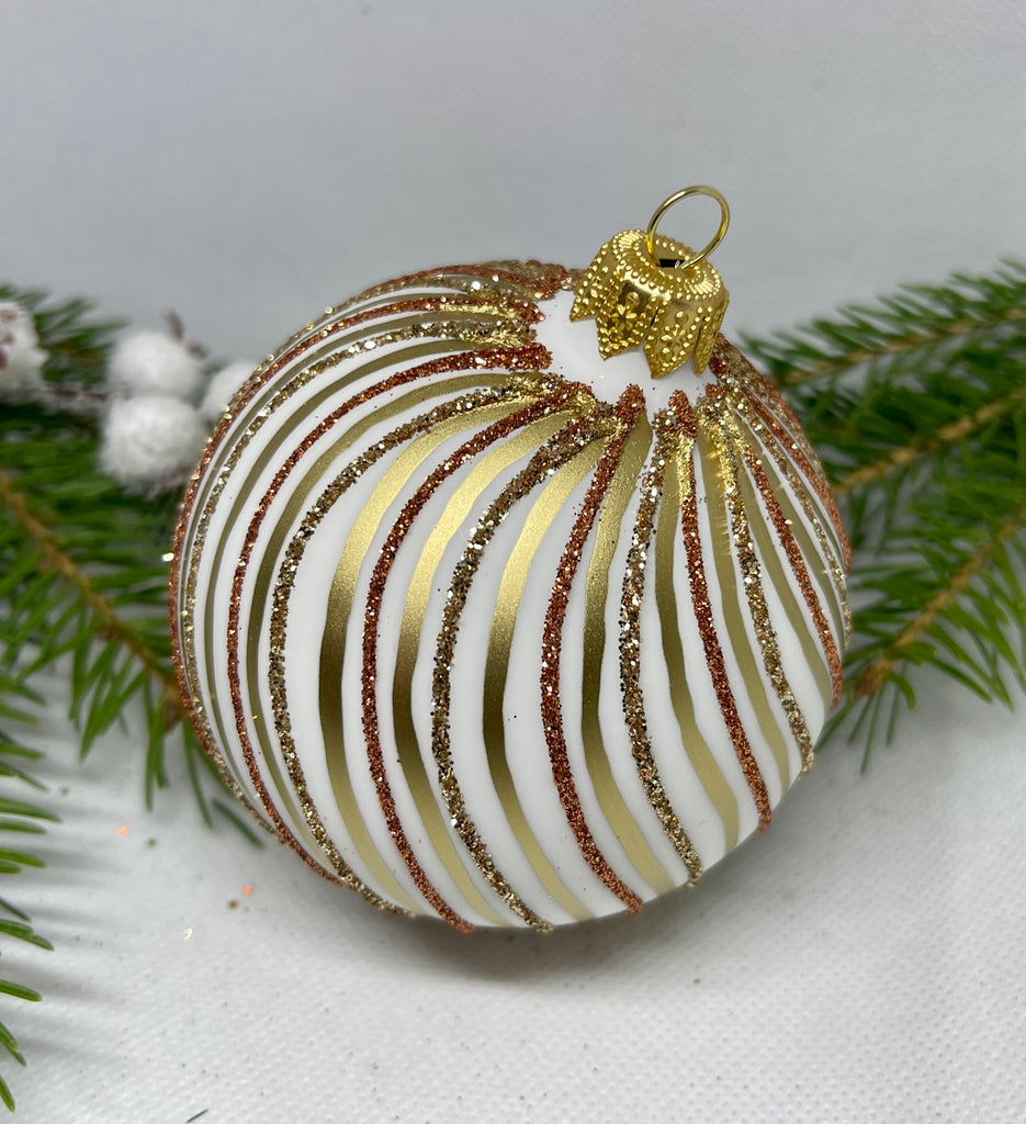 White with gold glitter lines glass ball Christmas ornament, handmade XMAS decoration ChristmasboxStore
