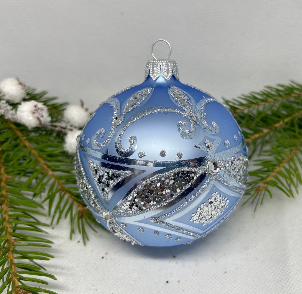 Blue with silver glitter glass ball Christmas ornament, handmade XMAS decoration ChristmasboxStore