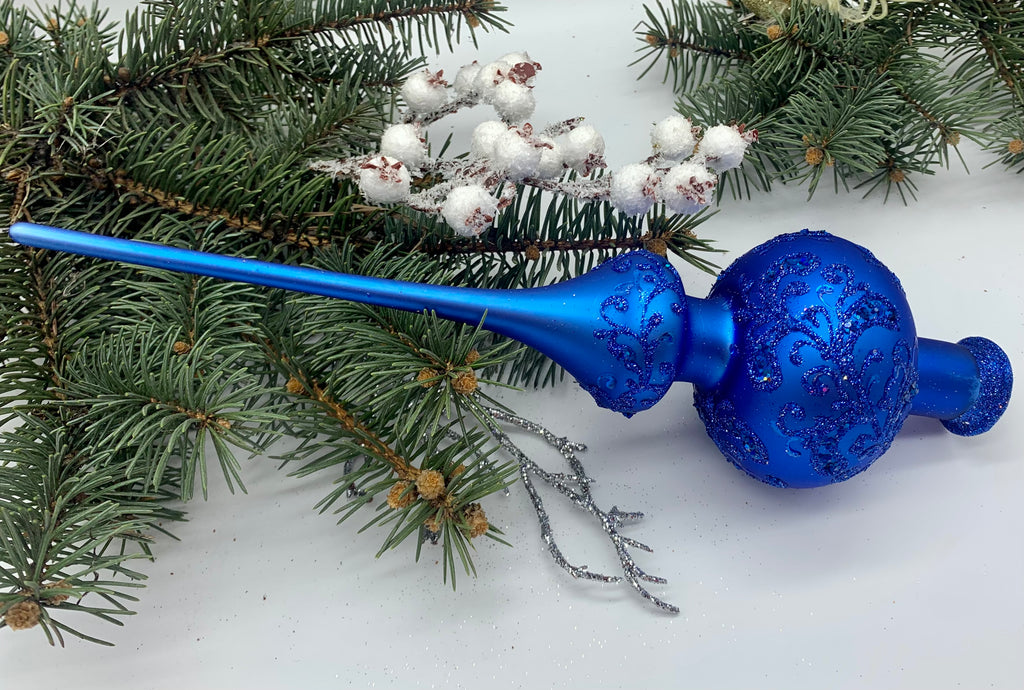 Blue Christmas glass tree topper with blue glitter, vintage Christmas finial ChristmasboxStore