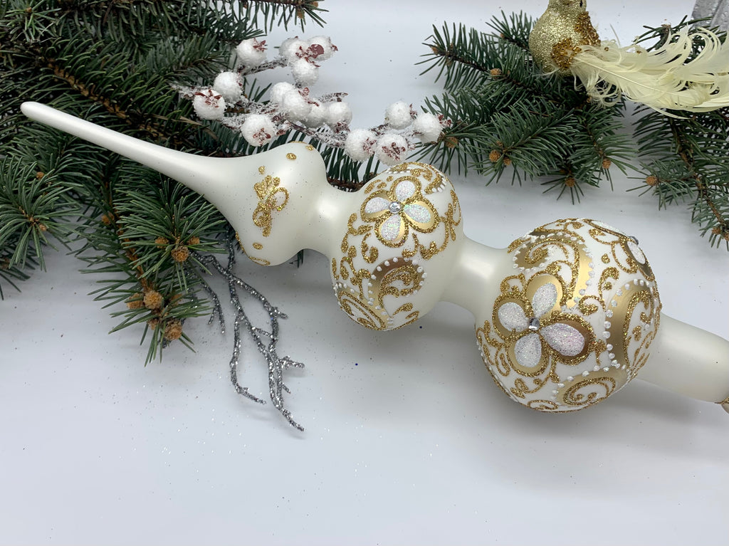 Big white with gold glitter Christmas glass tree topper,vintage Christmas finial ChristmasboxStore