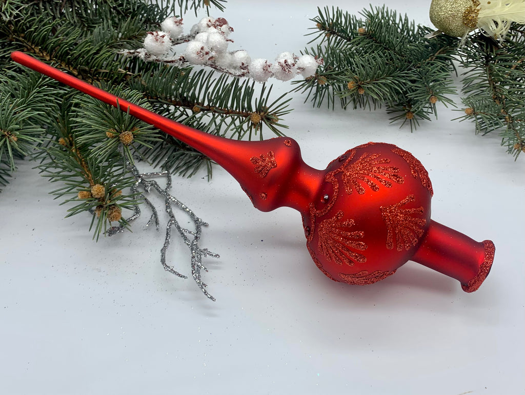 Red Christmas glass tree topper with red glitter, vintage Christmas finial ChristmasboxStore