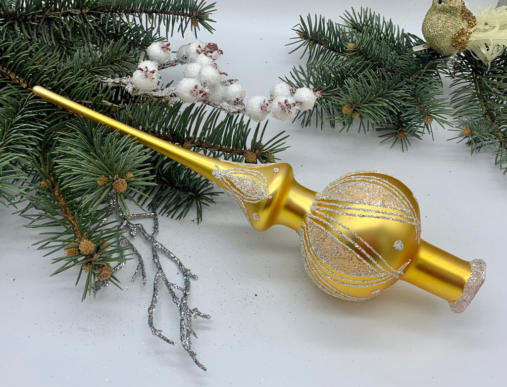 Gold Christmas glass tree topper with silver glitter, vintage Christmas finial ChristmasboxStore