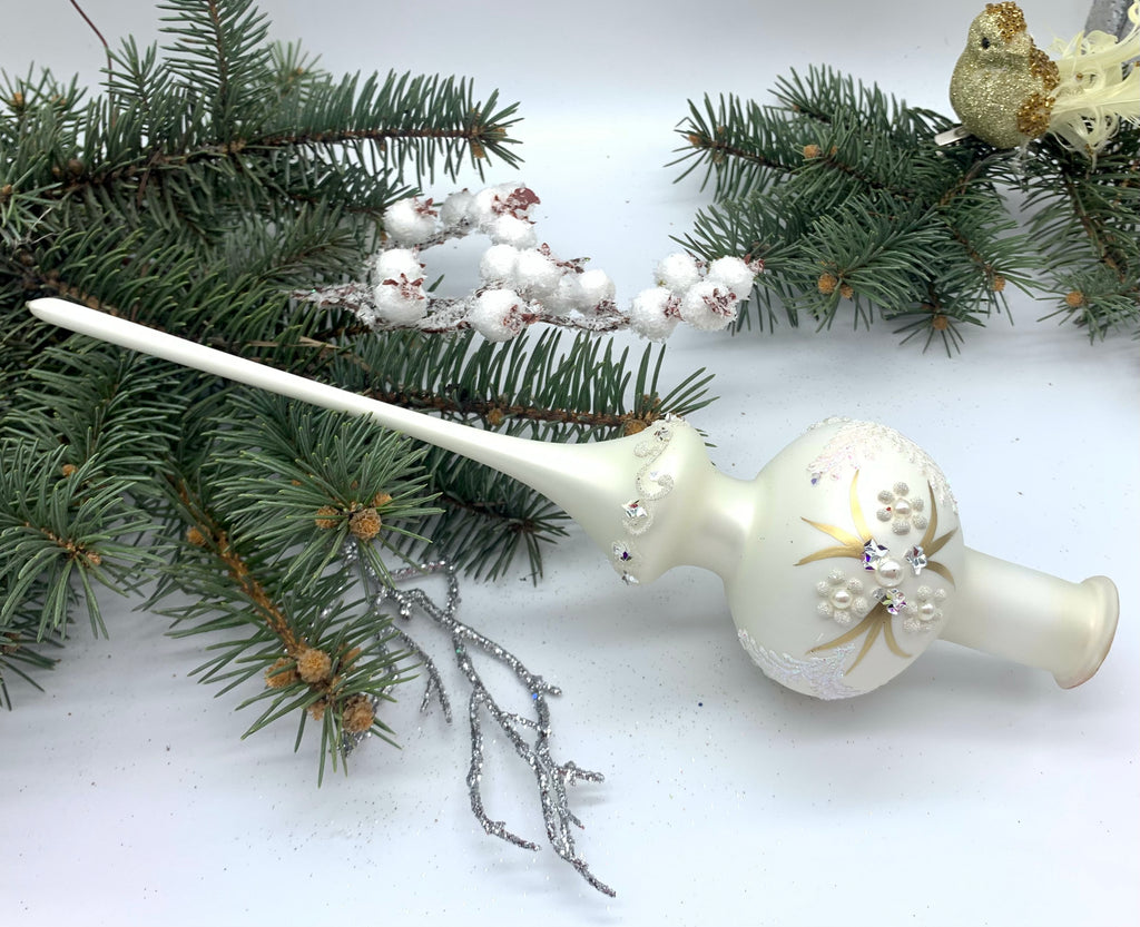 White and gold Christmas glass tree topper with glitter,vintage Christmas finial ChristmasboxStore