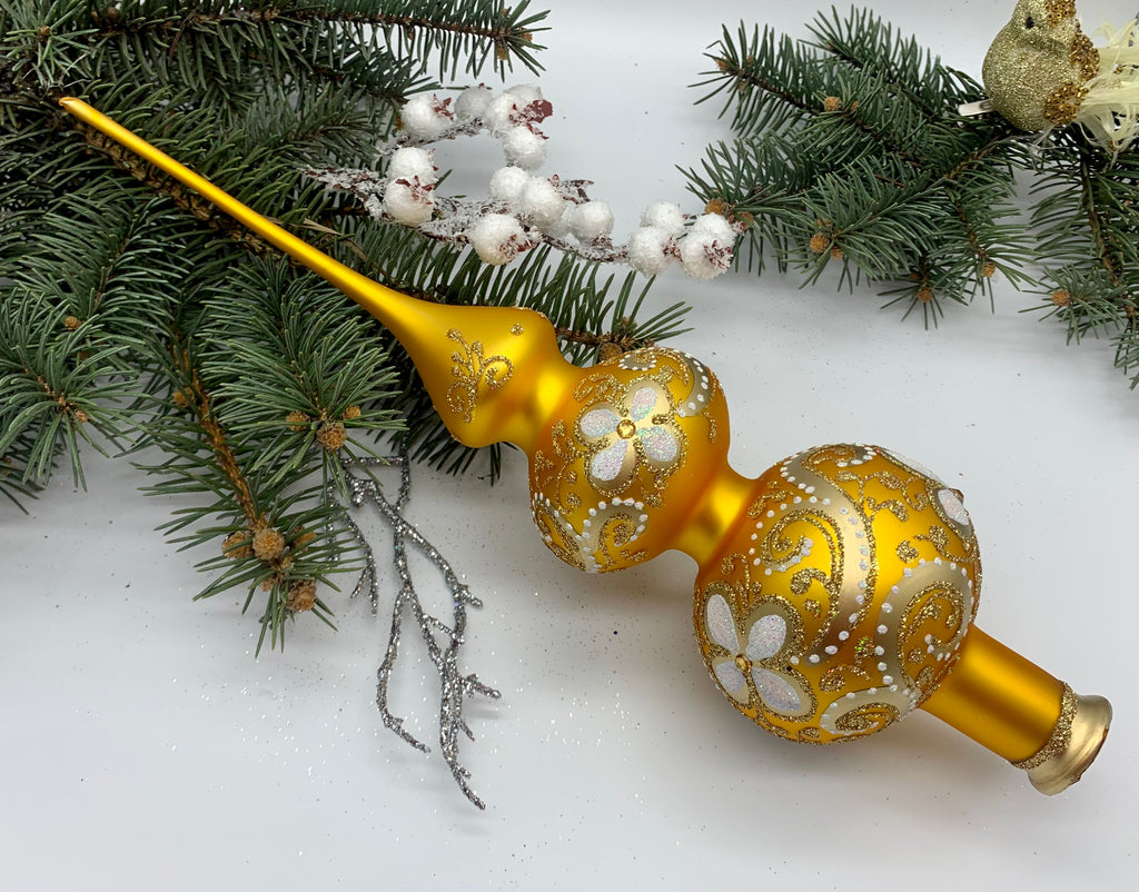 Big gold with silver and gold glitter Christmas glass tree topper,vintage Christmas finial ChristmasboxStore
