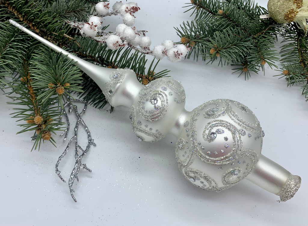 Big silver with silver glitter Christmas glass tree topper,vintage Christmas finial ChristmasboxStore