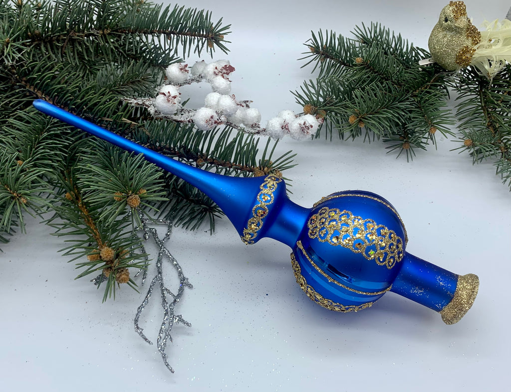 Blue Christmas glass tree topper with gold glitter, vintage Christmas finial ChristmasboxStore