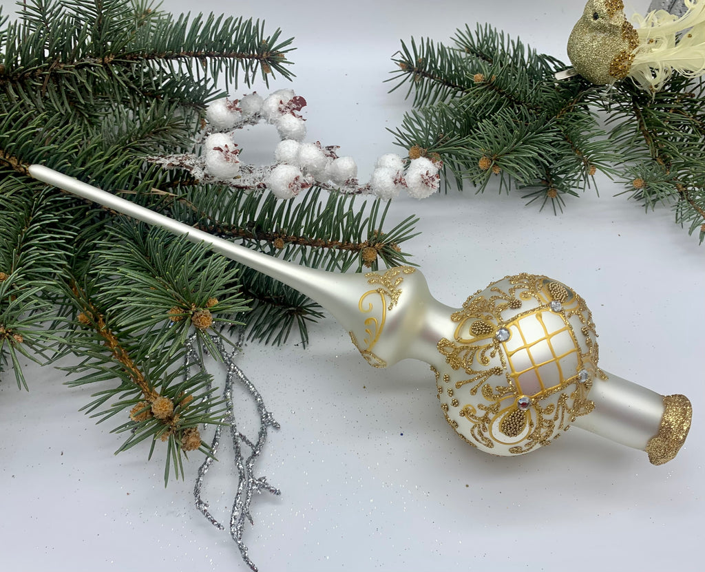 White and gold Christmas glass tree topper with glitter,vintage Christmas finial ChristmasboxStore