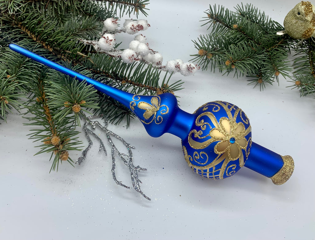 Blue Christmas glass tree topper with gold glitter, vintage Christmas finial ChristmasboxStore