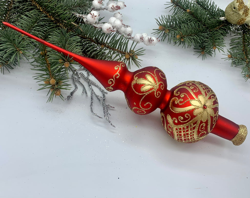 Big red with gold glitter Christmas glass tree topper,vintage Christmas finial ChristmasboxStore