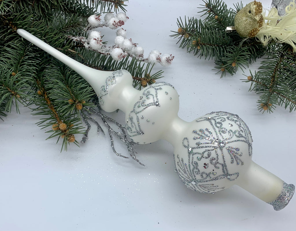 Big white with silver glitter Christmas glass tree topper,vintage Christmas finial ChristmasboxStore
