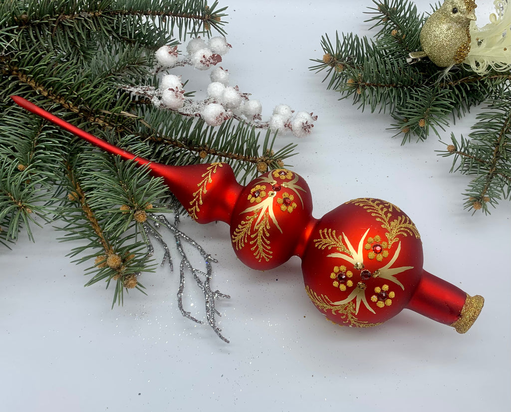 Big red with gold glitter Christmas glass tree topper,vintage Christmas finial ChristmasboxStore