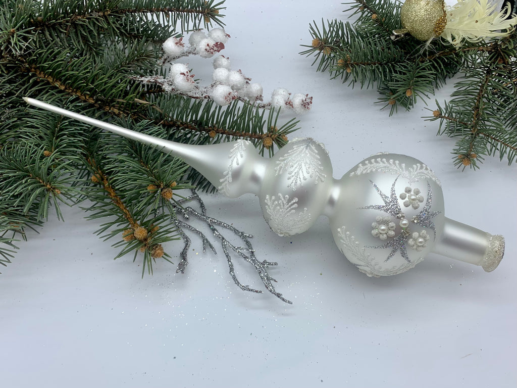 Big silver with white and silver glitter Christmas glass tree topper,vintage Christmas finial ChristmasboxStore