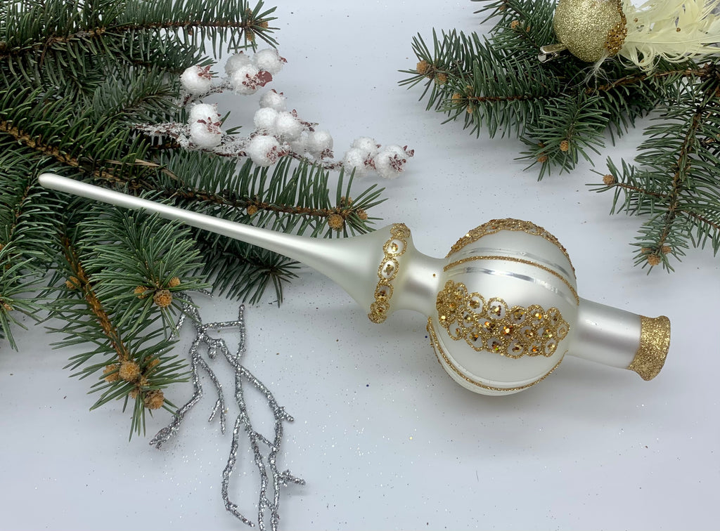 White Christmas glass tree topper with gold glitter,vintage Christmas finial ChristmasboxStore