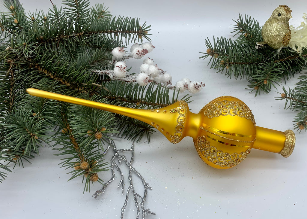 Gold Christmas glass tree topper with gold glitter, vintage Christmas finial ChristmasboxStore