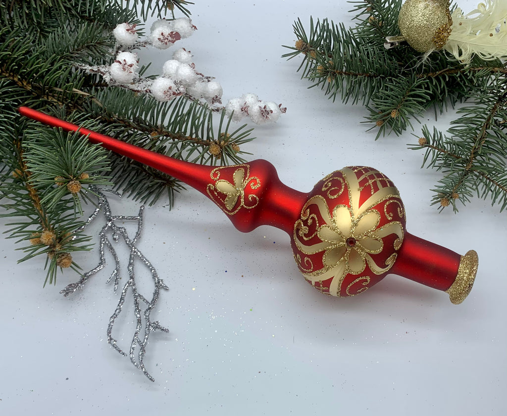 Red Christmas glass tree topper with gold glitter, vintage Christmas finial ChristmasboxStore