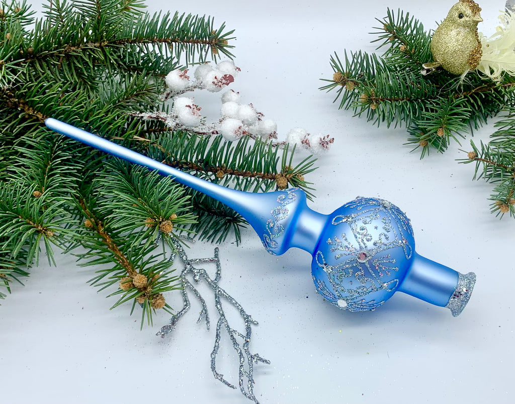 Light Blue Christmas glass tree topper with silver glitter, vintage Christmas finial ChristmasboxStore