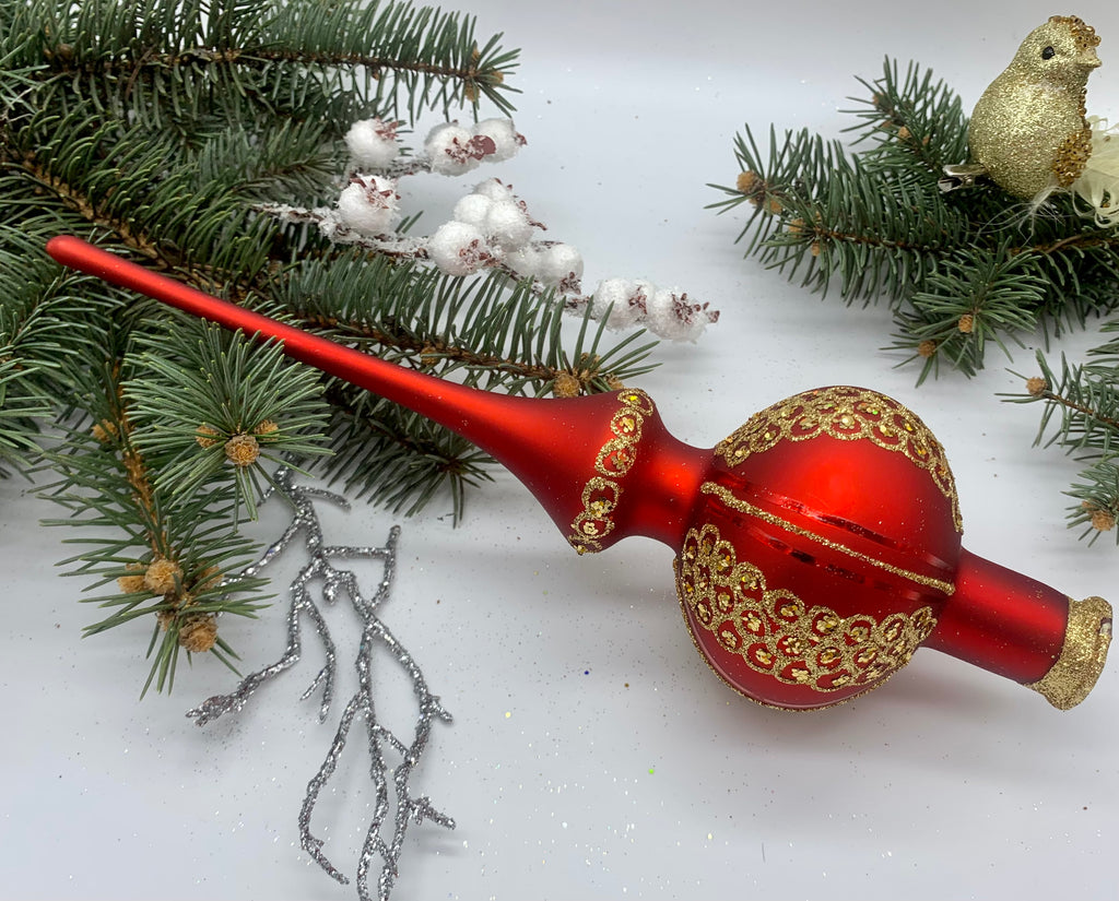 Red Christmas glass tree topper with gold glitter, vintage Christmas finial ChristmasboxStore