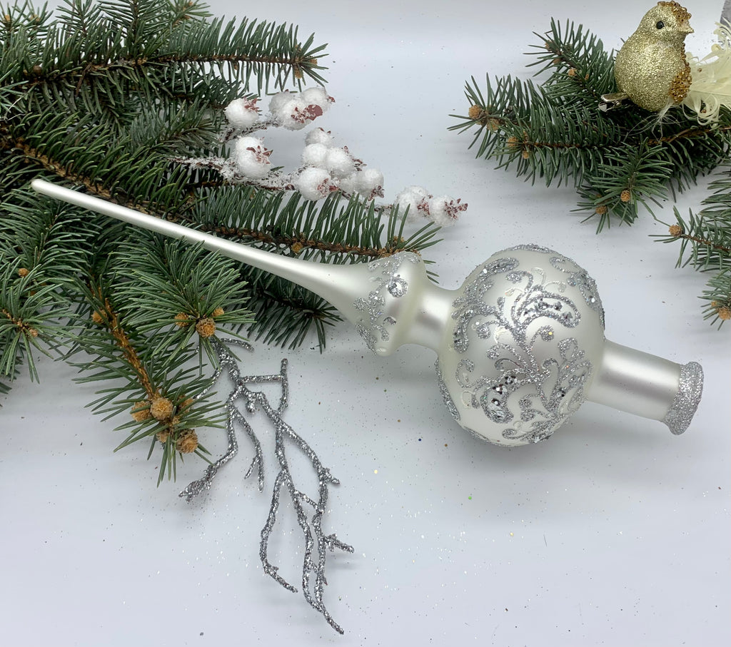 Silver Christmas glass tree topper with silver ornament, vintage XMAS finial ChristmasboxStore