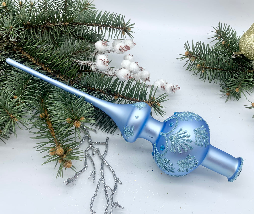 Light Blue Christmas glass tree topper with blue glitter, vintage Christmas finial ChristmasboxStore