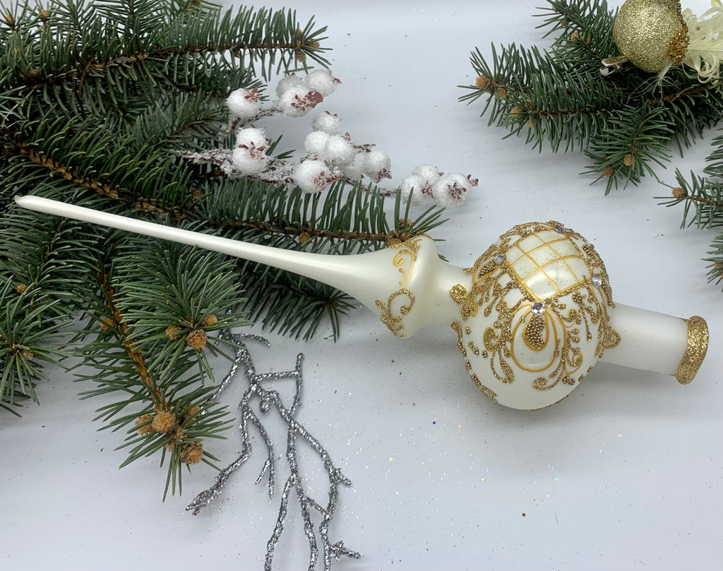 White Christmas glass tree topper with gold glitter,vintage Christmas finial ChristmasboxStore