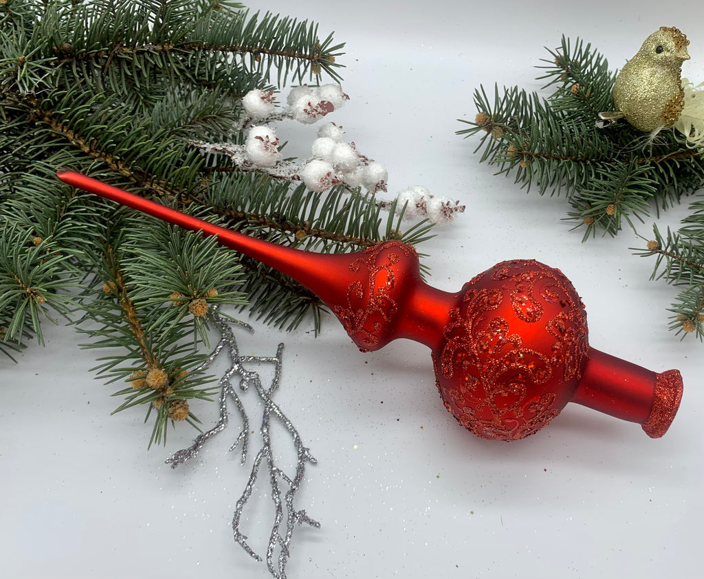 Red Christmas glass tree topper with red glitter, vintage Christmas finial ChristmasboxStore