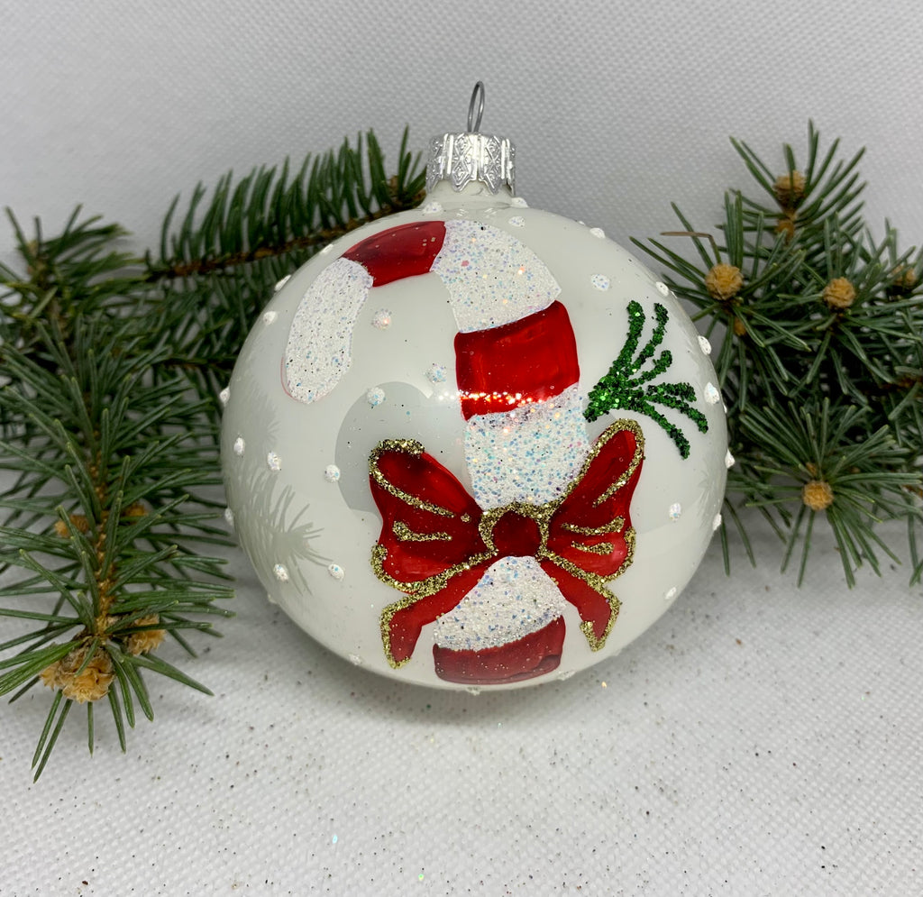 White with red bow glitter glass ball Christmas ornament, handmade XMAS decoration ChristmasboxStore