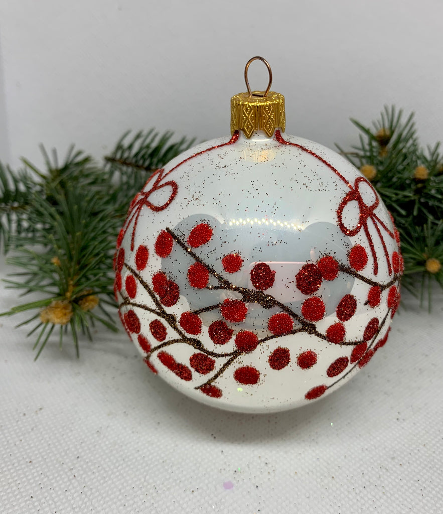 White with red glitter glass ball Christmas ornament, handmade XMAS decoration ChristmasboxStore