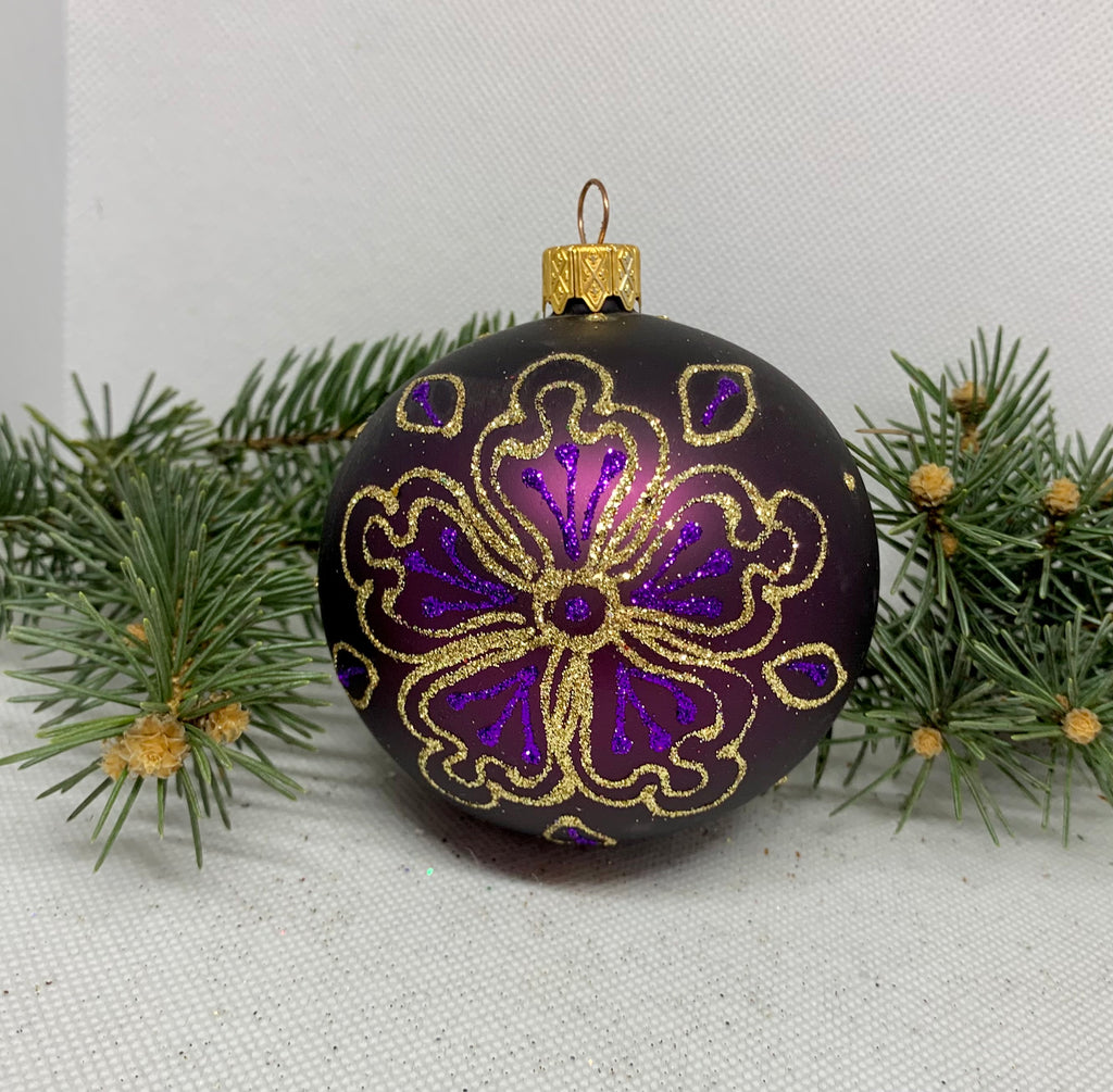 Purple with gold flower glitter glass ball Christmas ornament, handmade XMAS decoration ChristmasboxStore